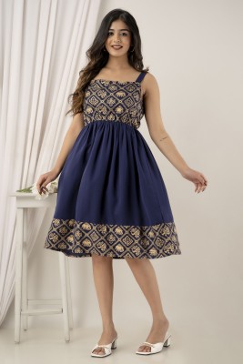 Shedika Women Fit and Flare Dark Blue, Gold Dress