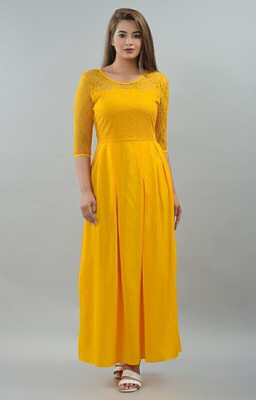 VYMO Women Fit and Flare Yellow Maxi/Full Length Dress