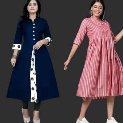 Houseofcommonk Women Self Design Anarkali Kurta(Blue, Pink)