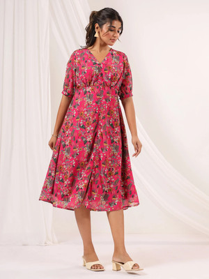 Janasya Women A-line Pink Midi/Calf Length Dress