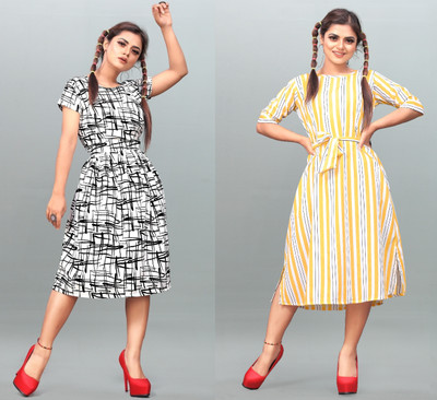 Hiral Creation Women Fit and Flare White Below Knee Dress