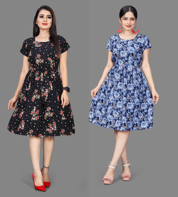 MAHADEV Women Fit and Flare Multicolor Knee Length Dress