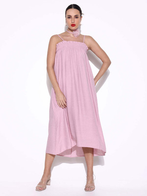 SHOWOFFFF Women A-line Pink Midi/Calf Length Dress