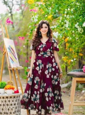 Herway Women Fit and Flare Maroon, White, Dark Green Maxi/Full Length Dress