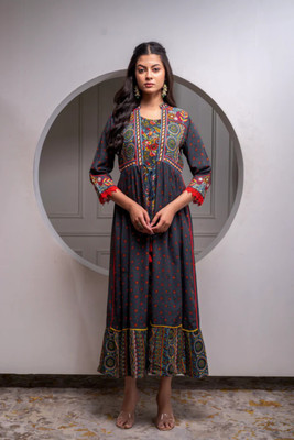 Anusheetfashion Women Embroidered Anarkali Kurta(Grey)