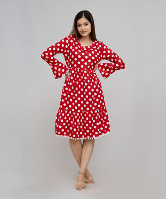 SHANGUL Women Fit and Flare Red, White Knee Length Dress