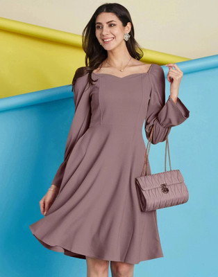 Selvia Women Fit and Flare Brown Above Knee/Mid Thigh Length Dress