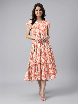 Janasya Women Fit and Flare Orange Midi/Calf Length Dress