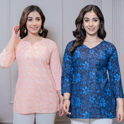 I N ENTERPRISES Casual Floral Print Women Orange, Blue Top