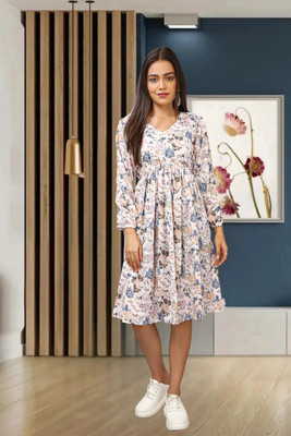 HOC's Women Fit and Flare White Knee Length Dress