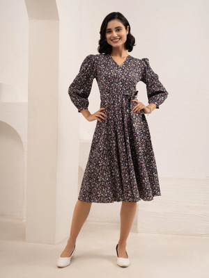AASK Women Fit and Flare Multicolor Midi/Calf Length Dress