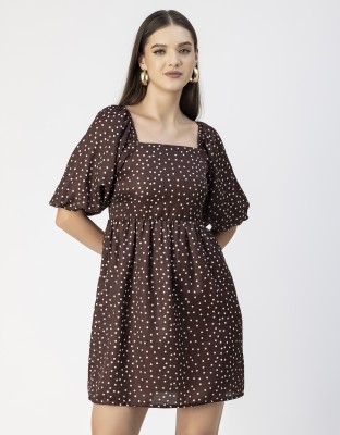 moomaya Women A-line Brown, White Dress