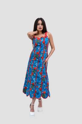 mehkhushh Women Fit and Flare Blue, White, Red, Dark Blue Below Knee Dress
