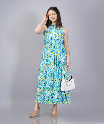 Bhawanaprint Women Skater Blue Below Knee Dress