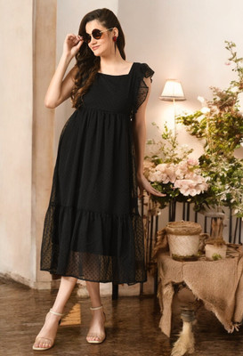 HouseOfCommon Women Fit and Flare Black Midi/Calf Length Dress