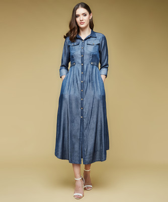 Life With Pockets Women Shirt Dark Blue Midi/Calf Length Dress