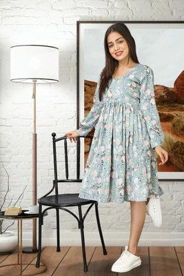 GIVAFAISHONS Women Fit and Flare Light Green Knee Length Dress