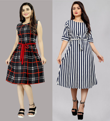 tanvi creation Women Fit and Flare Blue Knee Length Dress