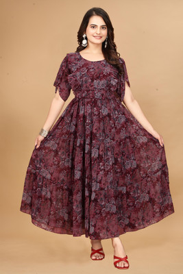 Rosasignora Women Ethnic Dress Maroon Knee Length Dress