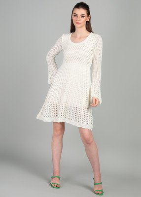 defacto Women Fit and Flare White Above Knee/Mid Thigh Length Dress