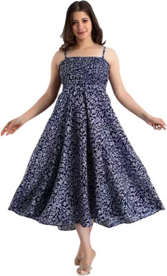 HouseOfCommon Women Fit and Flare Blue Midi/Calf Length Dress