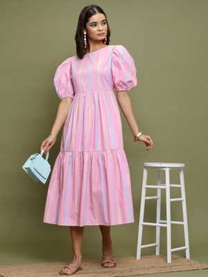 Vishudh Women A-line Pink, Blue, Yellow Midi/Calf Length Dress