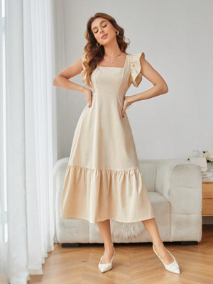 Sugathari Women Fit and Flare Beige Midi/Calf Length Dress