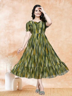 QVAZOR Women Fit and Flare Green Maxi/Full Length Dress