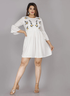 MARISY Women A-line White Above Knee/Mid Thigh Length Dress