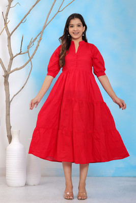 JAHIDA COMFORT WITH STYLE Women Tiered Red Midi/Calf Length Dress