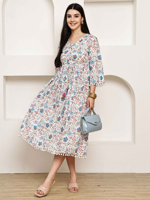 Wonder Weaves Women A-line White Midi/Calf Length Dress