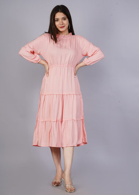 METRONAUT Women Fit and Flare Pink Below Knee Dress