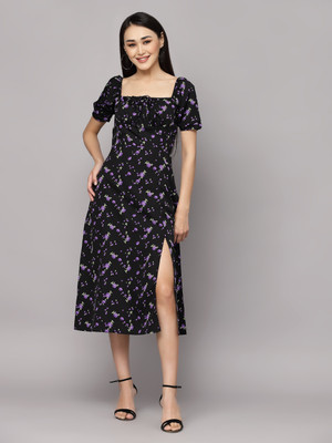 AAYU Women A-line Black, Purple Midi/Calf Length Dress
