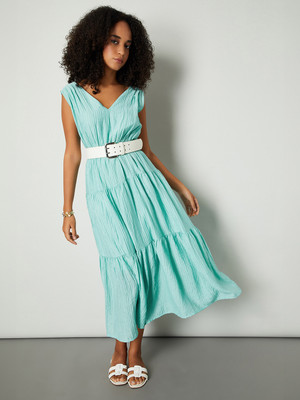 MAX Women Tiered Blue Midi/Calf Length Dress