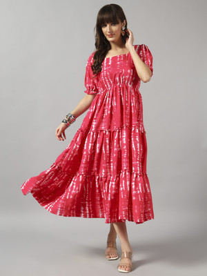 Jash Creation Women Fit and Flare Pink Maxi/Full Length Dress