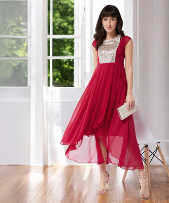 all about you Women Pleated Maroon Maxi/Full Length Dress