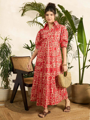 Seek By Sheetal Women A-line Red, Beige Midi/Calf Length Dress