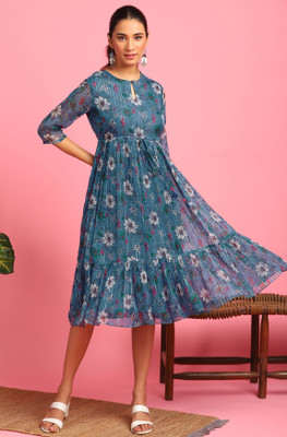 Janasya Women Fit and Flare Blue Midi/Calf Length Dress