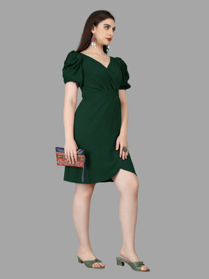 LADY SHOPI Women Wrap Green Above Knee/Mid Thigh Length Dress