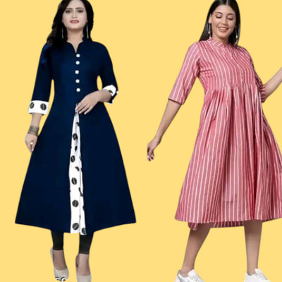 Icon Fashion Women Striped, Solid A-line Kurta(Blue, Pink)