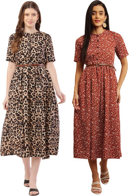 Miranga Women Fit and Flare Yellow, White Midi/Calf Length Dress