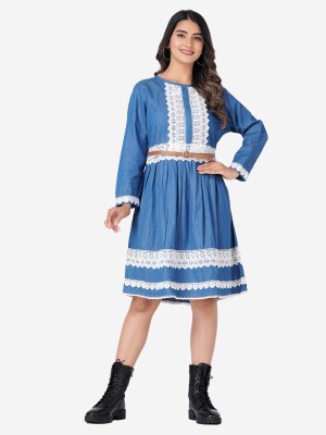 Hi Fashion Women Fit and Flare Blue, White Dress