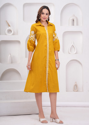 JC4U Women A-line Yellow Midi/Calf Length Dress