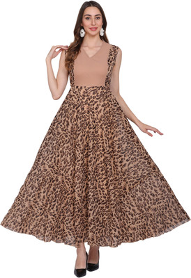 Warsian Women Fit and Flare Brown Maxi/Full Length Dress