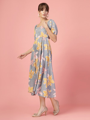 Oomph! Women Fit and Flare Grey Midi/Calf Length Dress