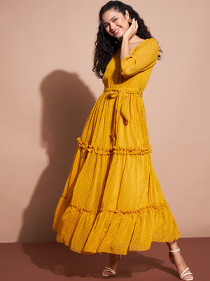 Deewa Women Fit and Flare Yellow Maxi/Full Length Dress