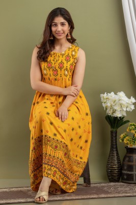 Surhi Women Printed Flared Kurta(Yellow)