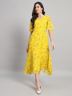 Curvydrobe Women Fit and Flare Yellow Dress
