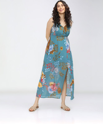 Tokyo Talkies Women A-line Light Blue Midi/Calf Length Dress