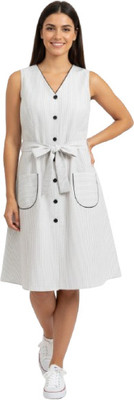 Designally Women A-line Grey, White Knee Length Dress